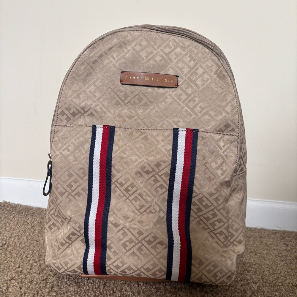 Tommy Hilfiger Beige Backpack with Red and Blue Stripes